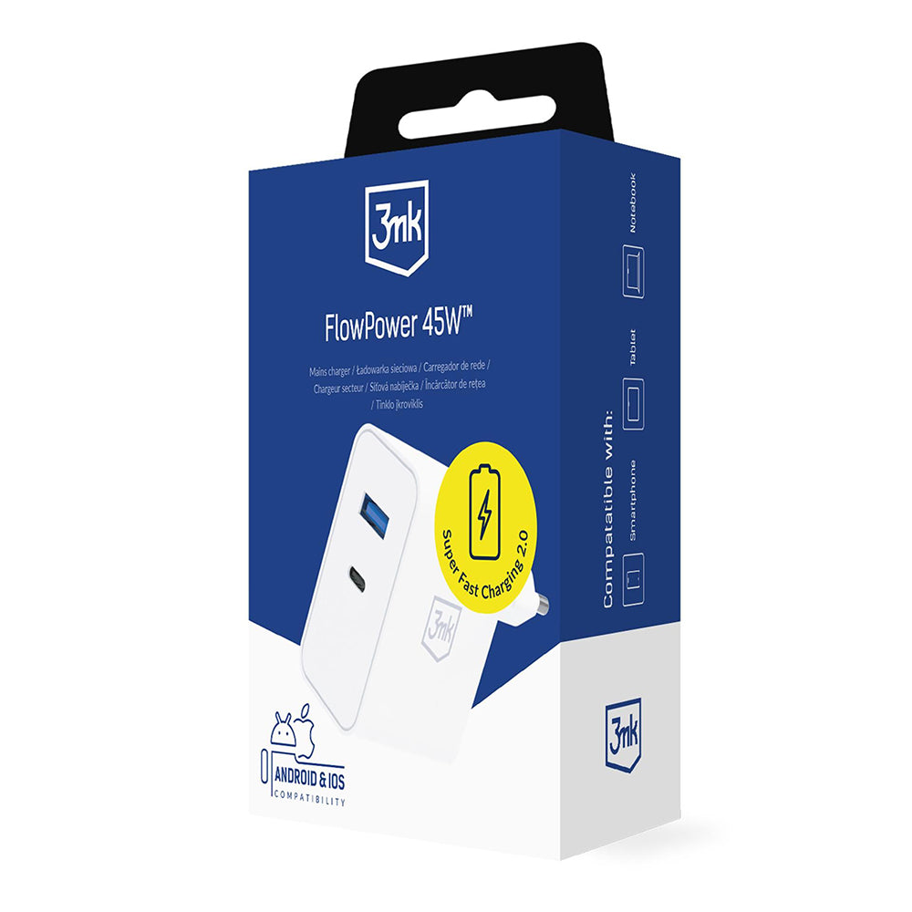 Incarcator Retea 3MK FlowPower, 45W, 1 x USB-A - 1 x USB-C, Alb