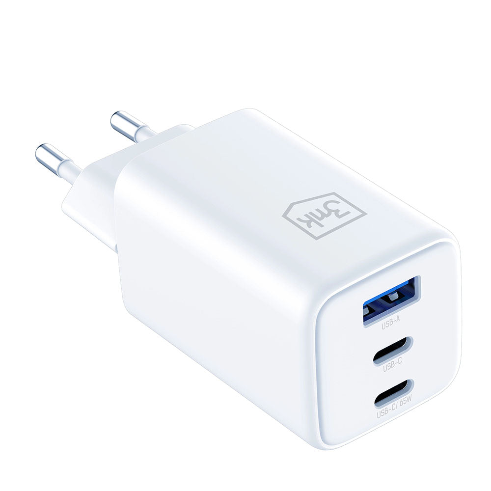 Incarcator Retea 3MK Hyper, 65W, 3.25A, 1 x USB-A - 2 x USB-C, Alb