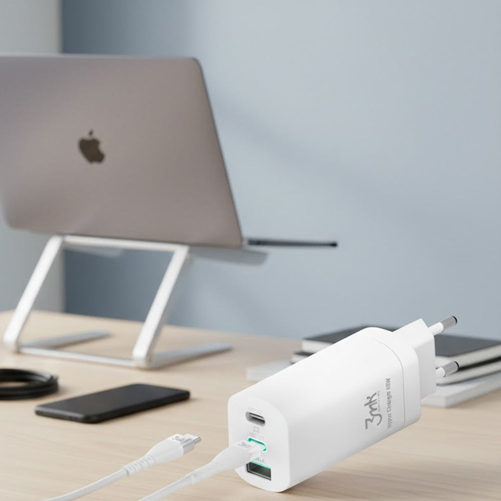 Incarcator Retea 3MK HyperCharger, 65W, 5A, 1 x USB-A - 2 x USB-C, Alb
