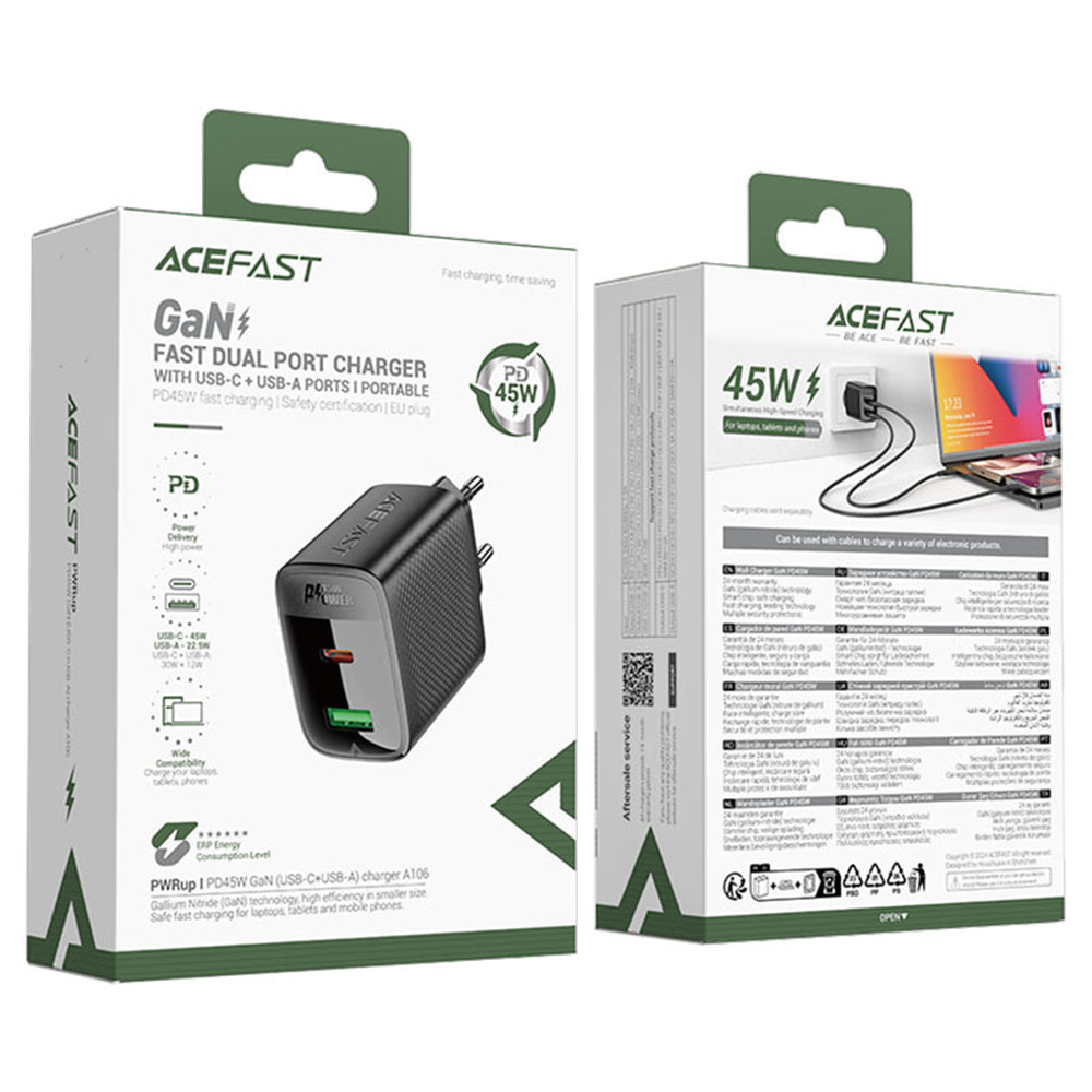 Incarcator Retea Acefast A106, 45W, 3A, 1 x USB-A - 1 x USB-C, Negru