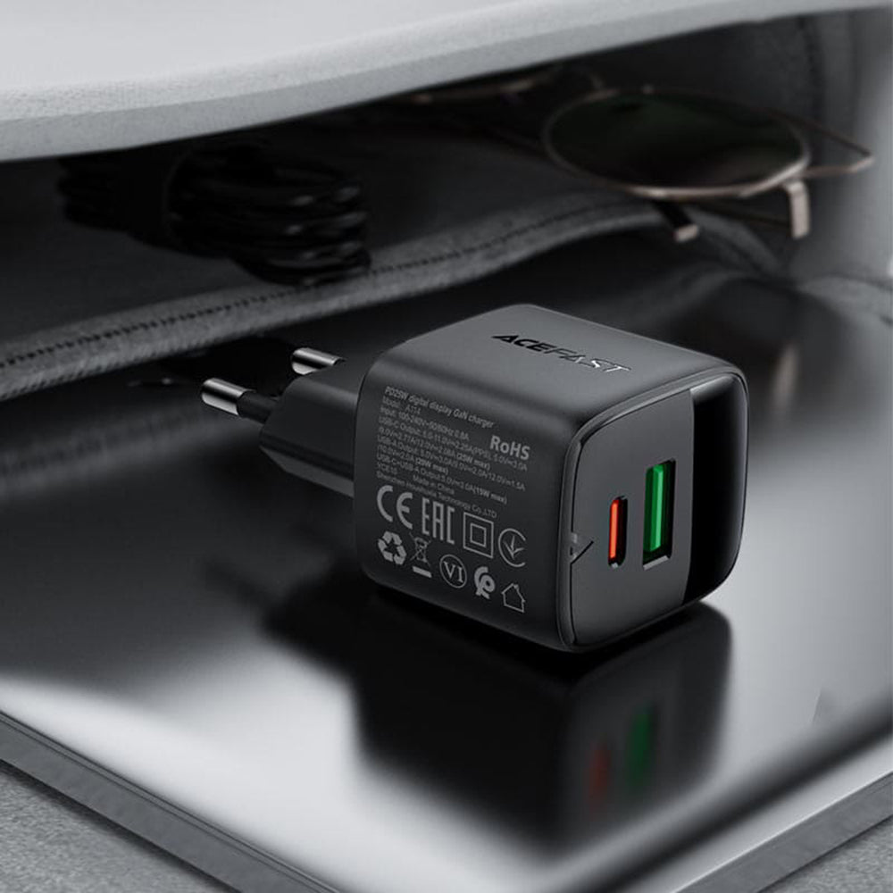 Incarcator Retea Acefast A114 Display, 25W, 3A, 1 x USB-A - 1 x USB-C, Negru