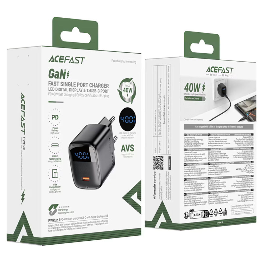 Incarcator Retea Acefast A135 Display, 45W, 3A, 1 x USB-C, Negru