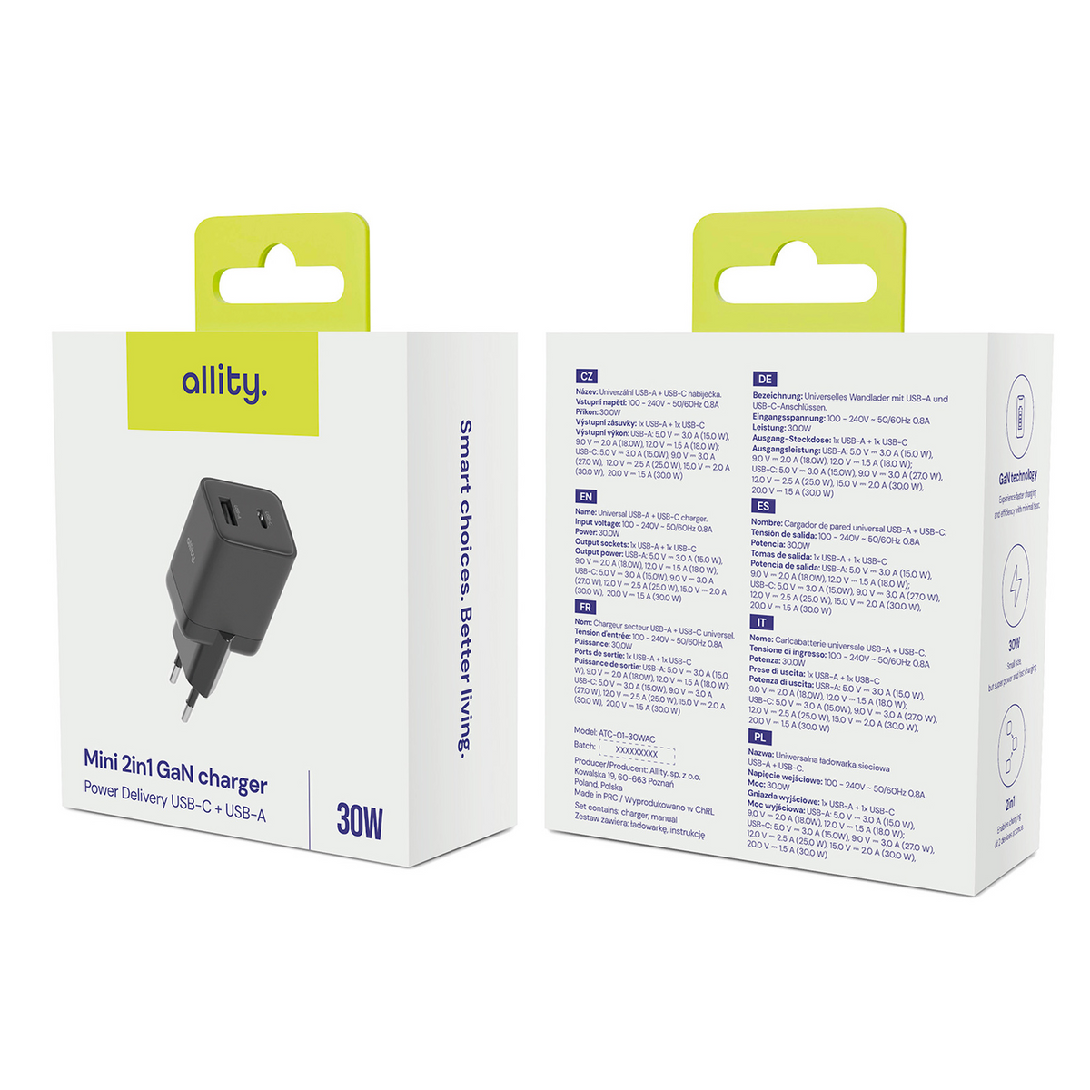 Incarcator Retea Allity. ATC-01-30WAC Mini, 30W, 3A, 1 x USB-A - 1 x USB-C, Negru