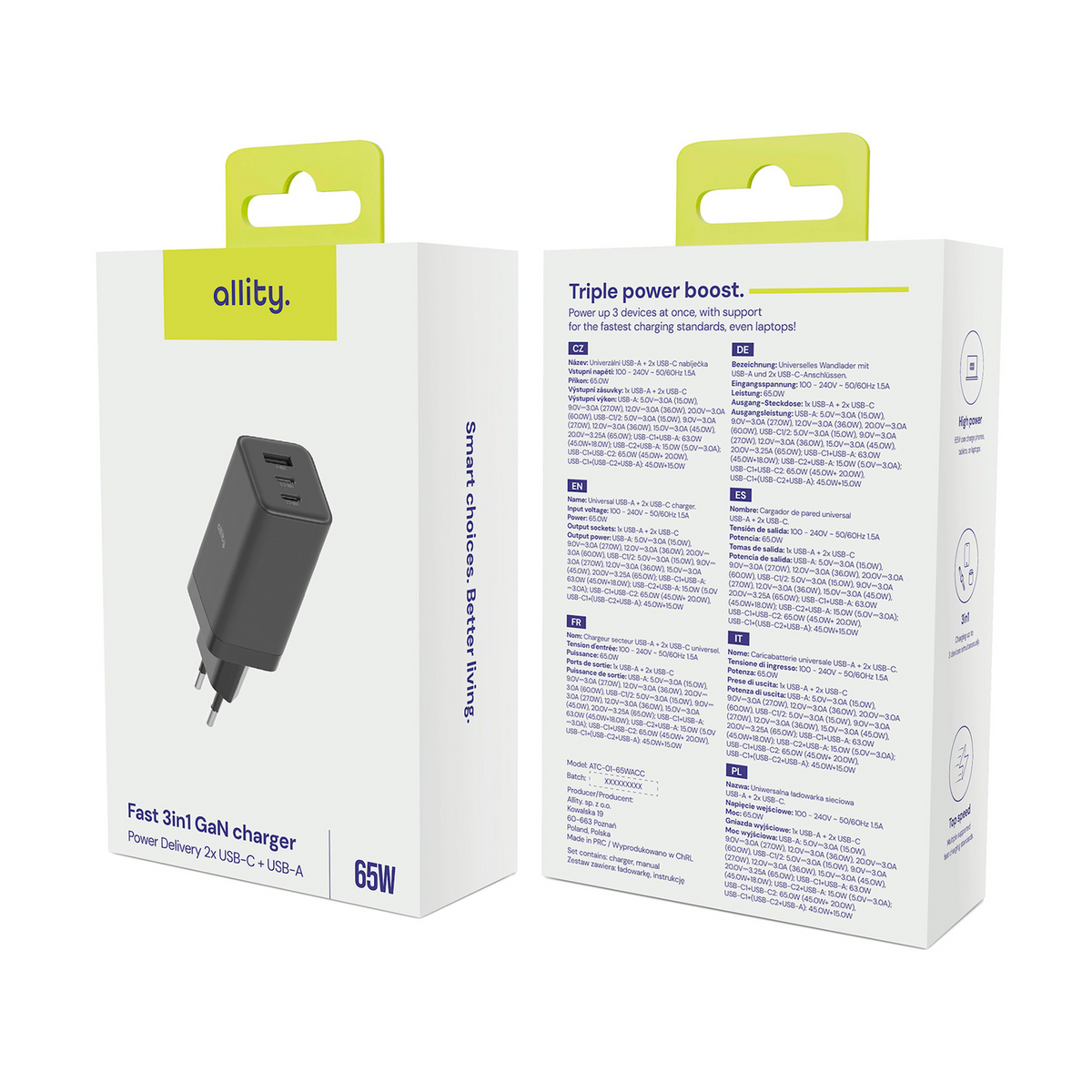 Incarcator Retea Allity. ATC-01-65WACC Fast, 65W, 3.25A, 1 x USB-A - 2 x USB-C, Negru
