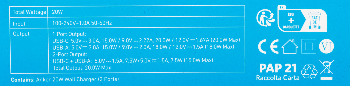 Incarcator Retea Anker 312, 20W, 3A, 1 x USB-A - 1 x USB-C, Alb A2348G21