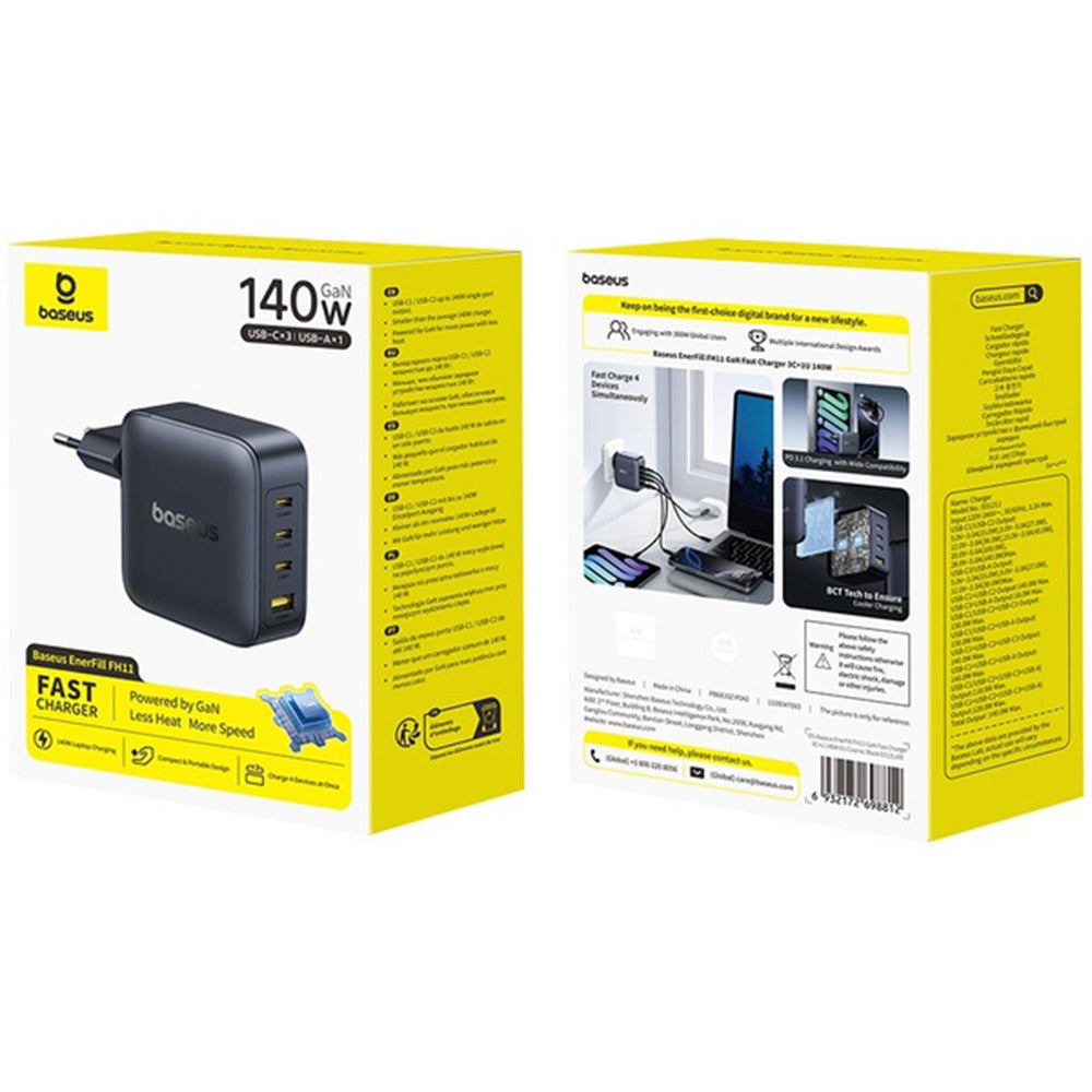 Incarcator Retea Baseus EnerFill FH11, 140W, 5A, 1 x USB-A - 3 x USB-C, Negru E0121J00