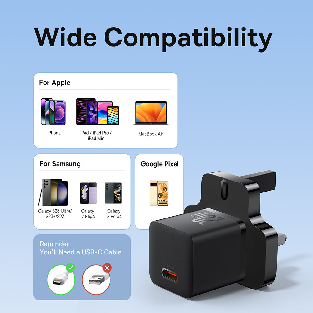 Incarcator Retea Baseus UK, 20W, 3A, 1 x USB-C, Negru P10110907113-00