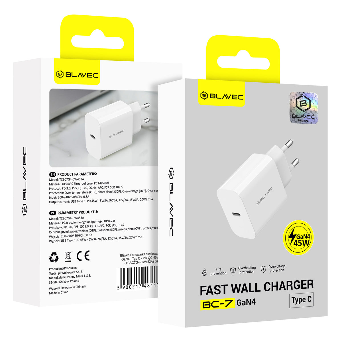Incarcator Retea Blavec BC-7, 45W, 3A, 1 x USB-C, Alb