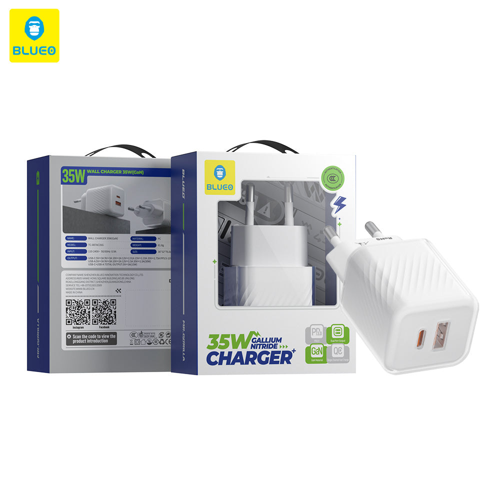 Incarcator Retea Blueo, 35W, 3A, 1 x USB-A - 1 x USB-C, Alb