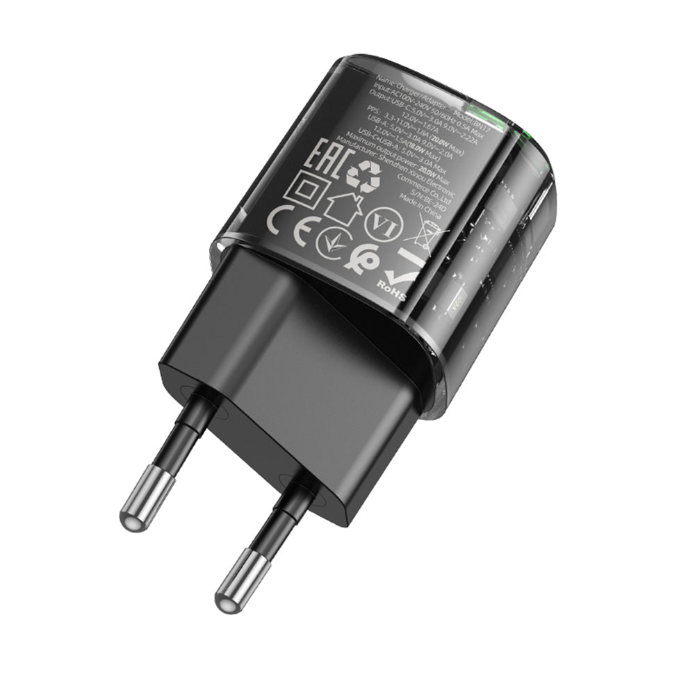 Incarcator Retea Borofone BN17 Sunlight, 20W, 3A, 1 x USB-A - 1 x USB-C, Negru