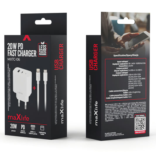 Incarcator Retea Cu Cablu Lightning MaXlife MXTC-06-20AC, 20W, 3A, 1 x USB-A - 1 x USB-C, Alb