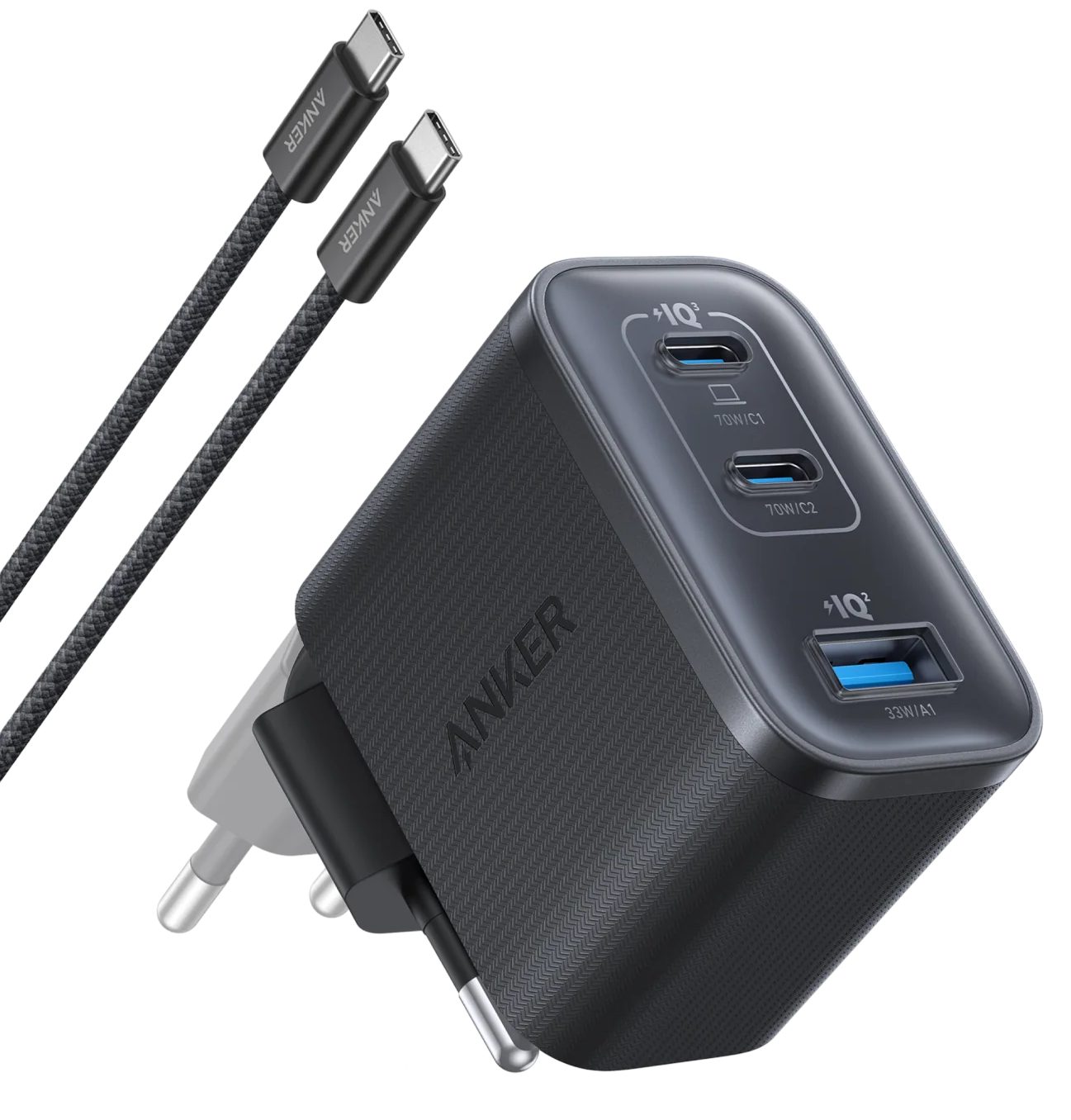 Incarcator Retea Cu Cablu USB-C Anker Nano, 70W, 3.5A, 1 x USB-A - 2 x USB-C, Gri B121A311