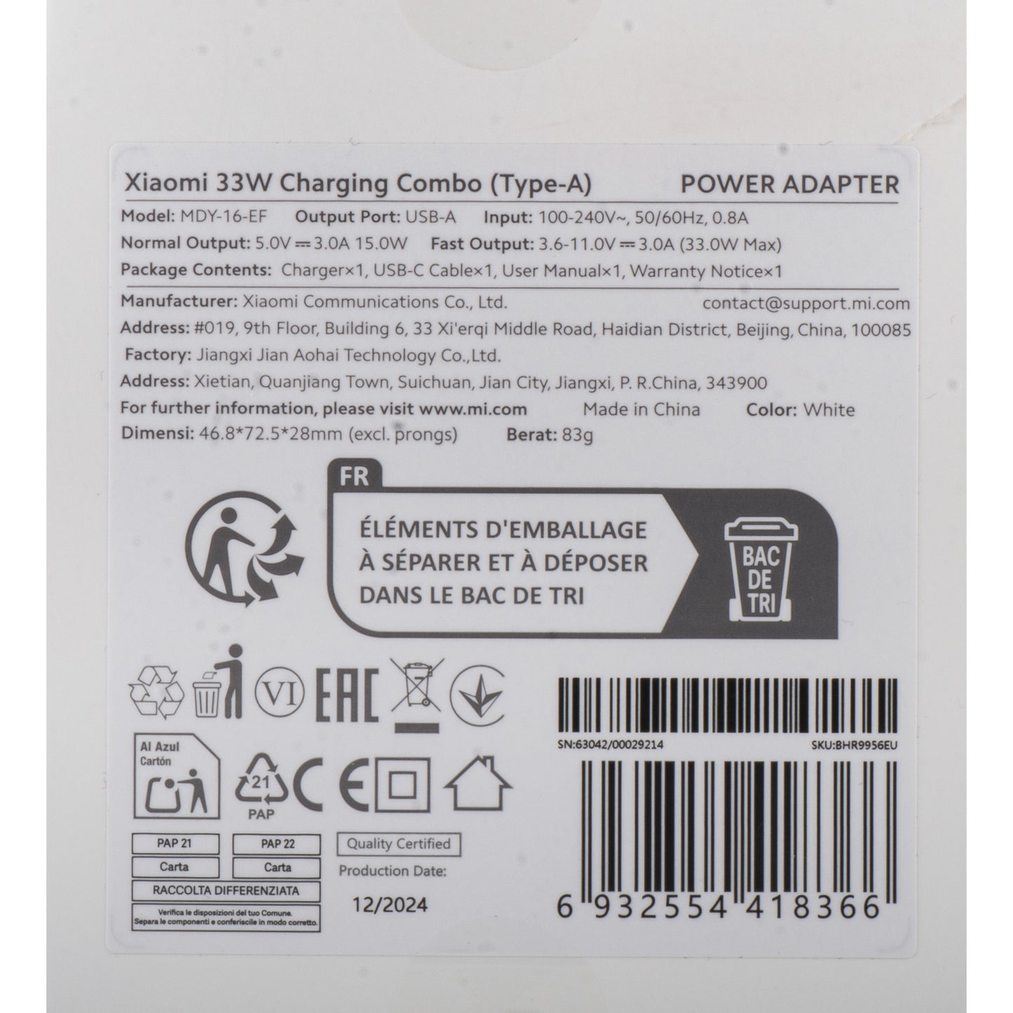 Incarcator Retea Cu Cablu USB-C Xiaomi, 33W, 3A, 1 x USB-A, Alb BHR9956EU