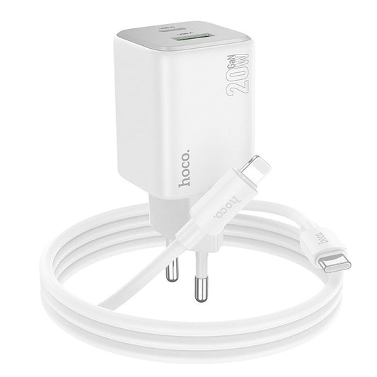Incarcator Retea Cu Cablu Lightning HOCO N41, 20W, 3A, 1 x USB-A - 1 x USB-C, Alb