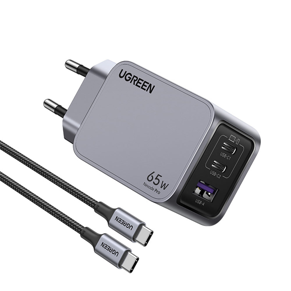 Incarcator Retea Cu Cablu USB-C UGREEN X755 Nexode Pro, 65W, 3A, 1 x USB-A - 2 x USB-C, Gri