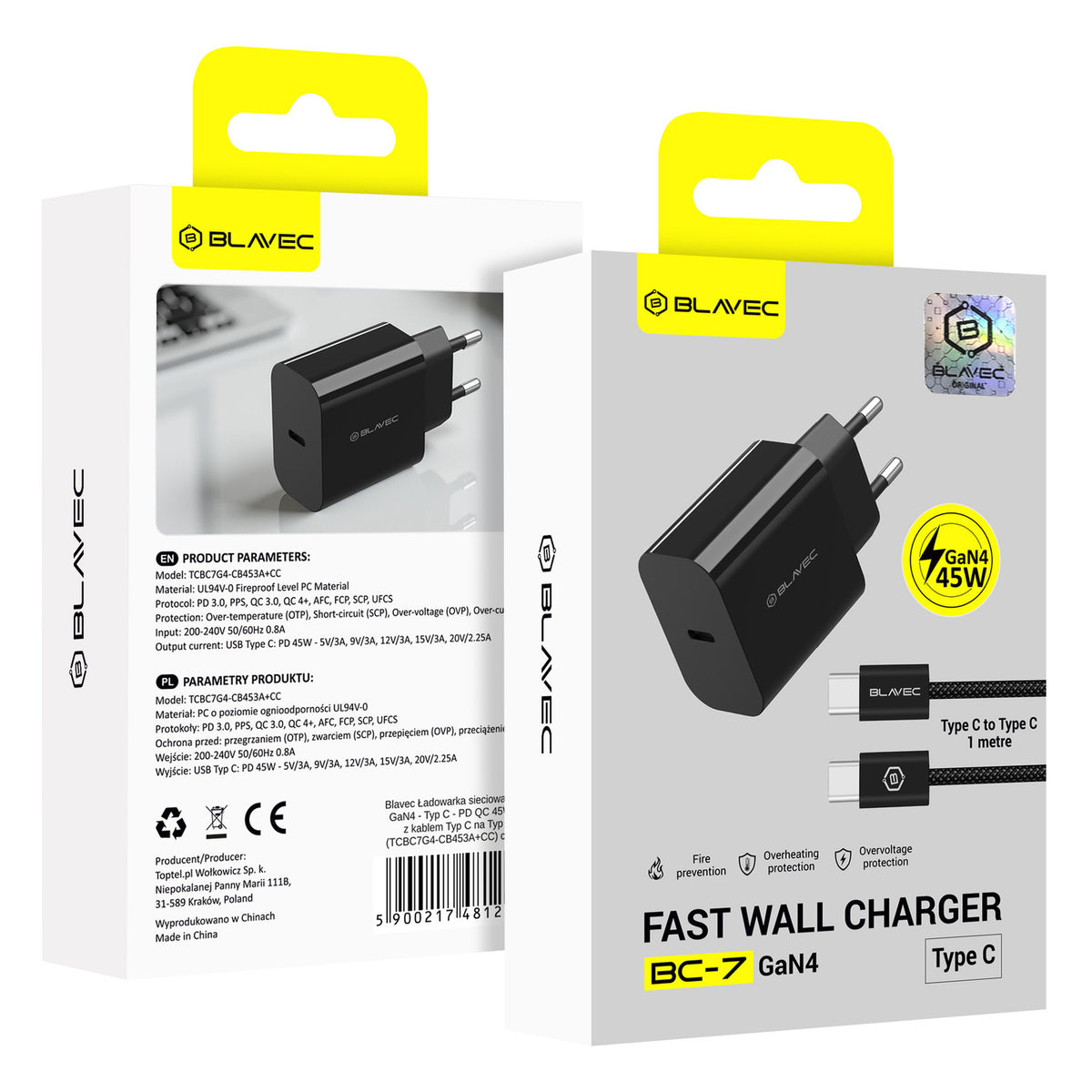 Incarcator Retea Cu Cablu USB-C Blavec BC-7, 45W, 3A, 1 x USB-C, Negru