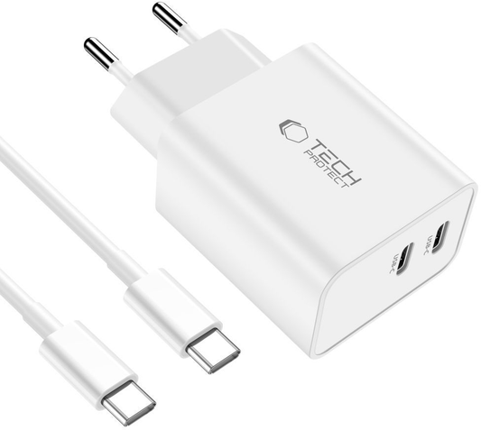 Incarcator Retea Cu Cablu USB-C Tech-Protect C35W, 35W, 3A, 2 x USB-C, Alb