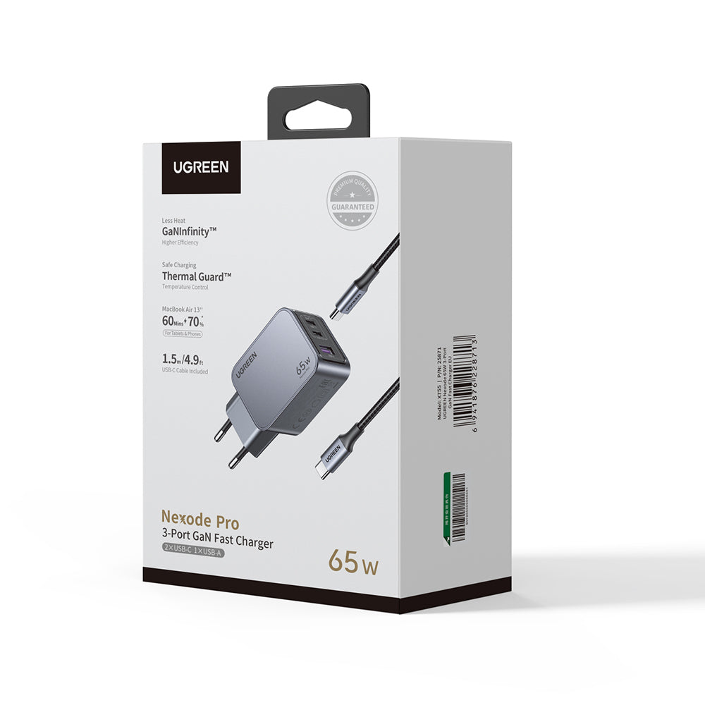 Incarcator Retea Cu Cablu USB-C UGREEN X755 Nexode Pro, 65W, 3A, 1 x USB-A - 2 x USB-C, Gri