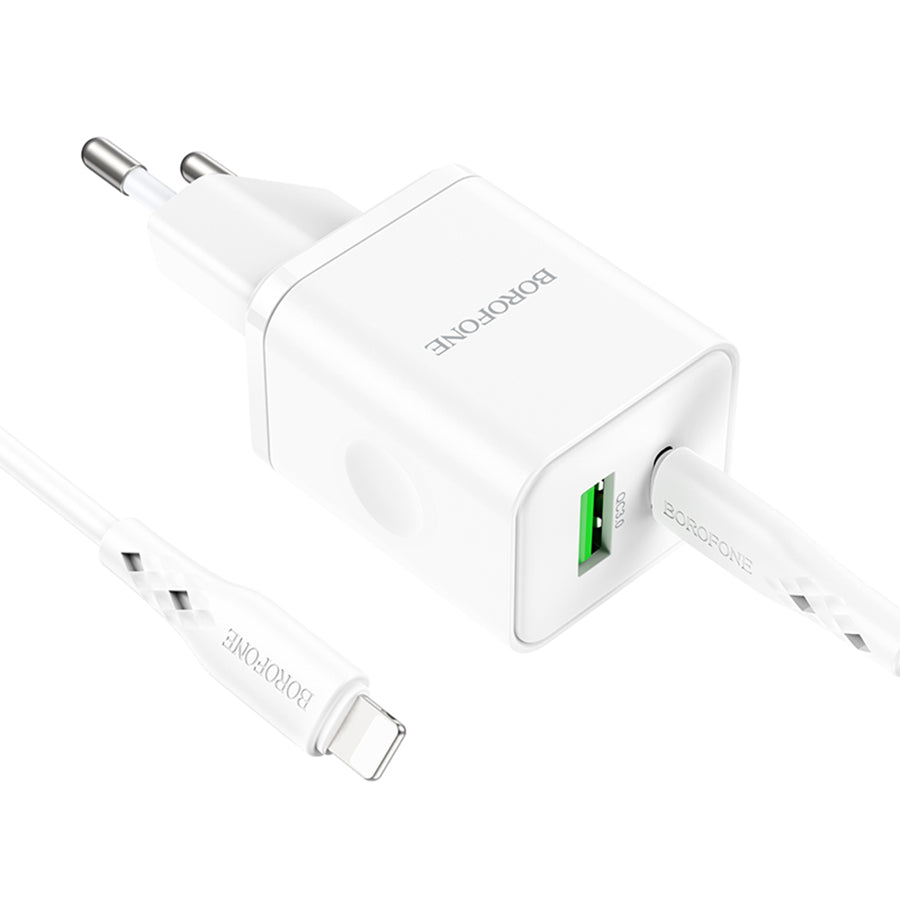 Incarcator Retea Cu Cablu Lightning Borofone BN7, 20W, 3A, 1 x USB-A - 1 x USB-C, Alb