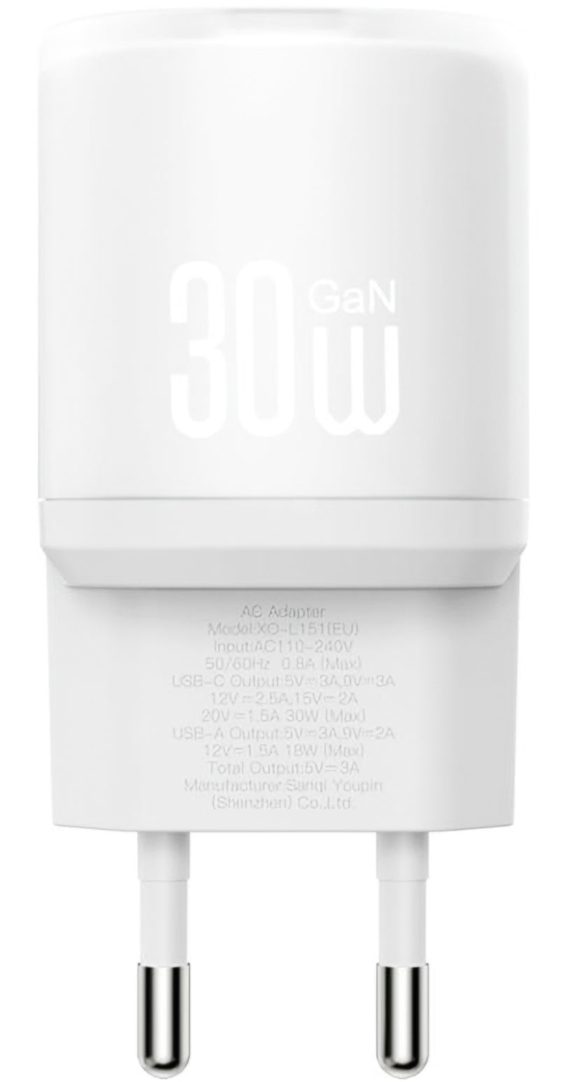 Incarcator Retea Cu Cablu USB-C XO Design L151, 30W, 3A, 1 x USB-A - 1 x USB-C, Alb