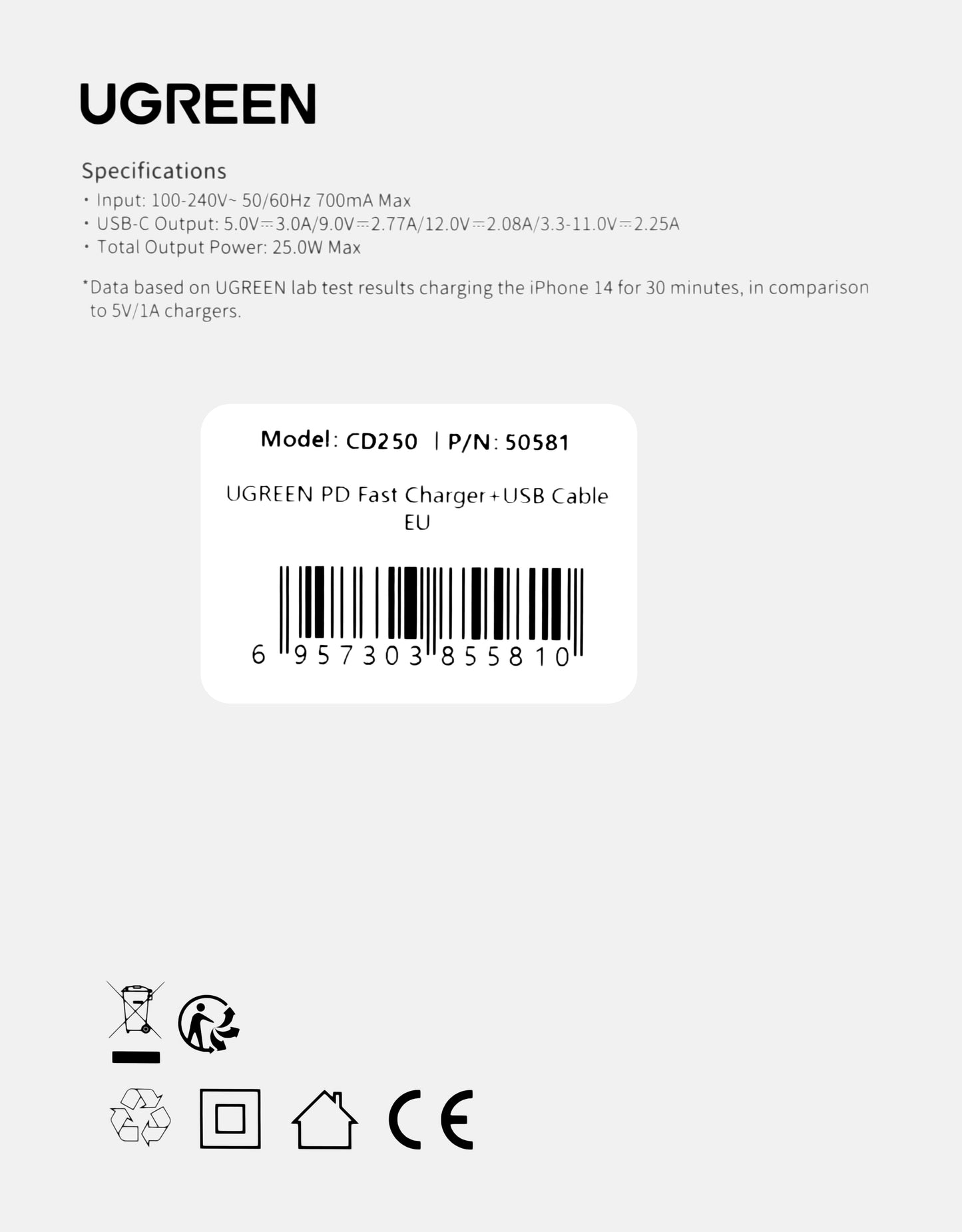 Incarcator Retea Cu Cablu USB-C UGREEN CD250, 25W, 3A, 1 x USB-C, Negru