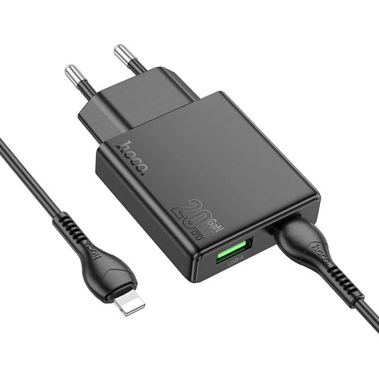 Incarcator Retea Cu Cablu Lightning HOCO N38, 20W, 3A, 1 x USB-A - 1 x USB-C, Negru