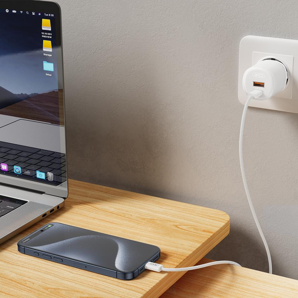 Incarcator Retea Cu Cablu USB-C XO Design L151, 30W, 3A, 1 x USB-A - 1 x USB-C, Alb