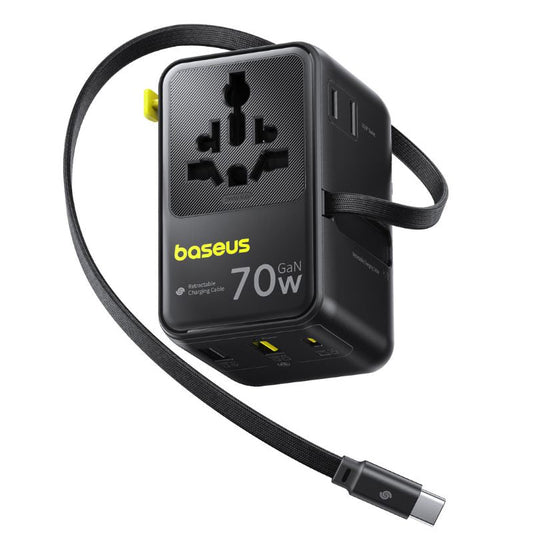 Incarcator Retea Cu Cablu USB-C Baseus Travel EnerCore CG11, 70W, 2 x Priza - 1 x USB-C - 2 x USB-A, Negru E0307E00