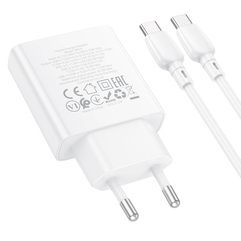 Incarcator Retea Cu Cablu USB-C Borofone BN25 Wish, 30W, 3A, 1 x USB-A - 1 x USB-C, Alb