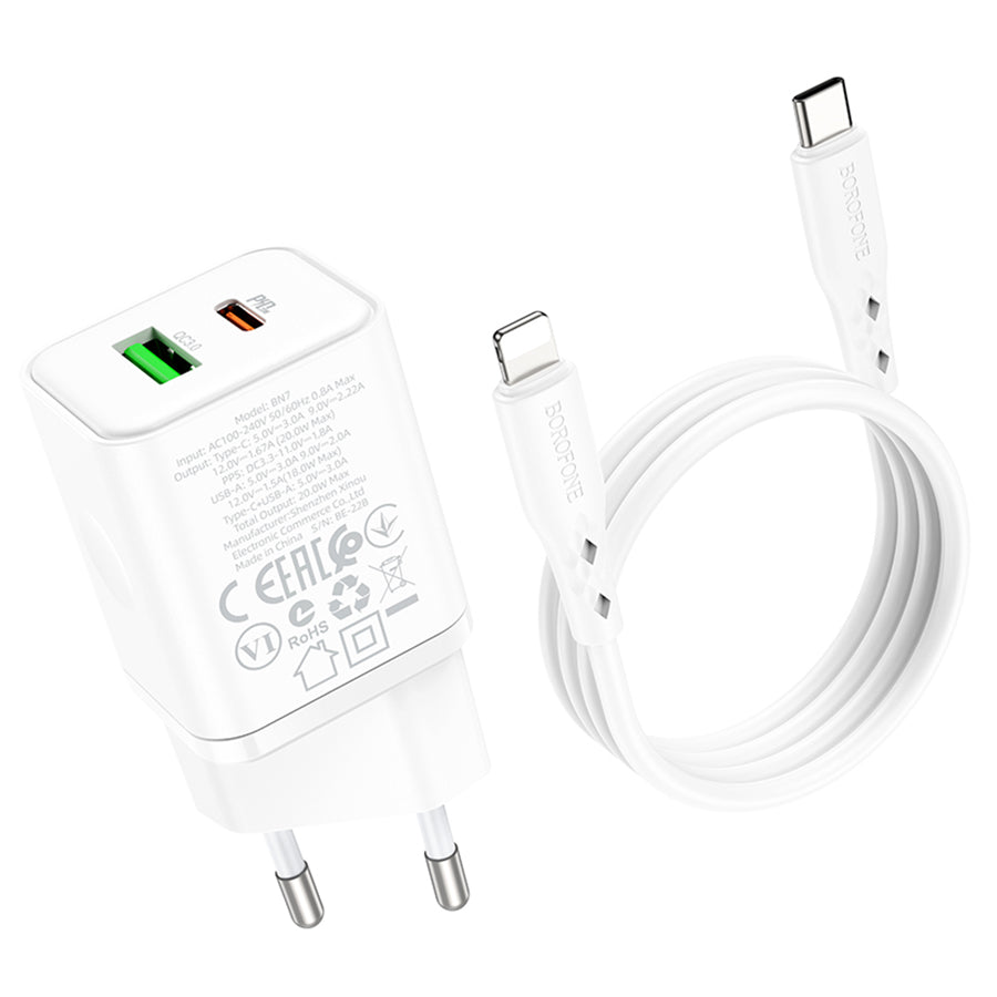 Incarcator Retea Cu Cablu Lightning Borofone BN7, 20W, 3A, 1 x USB-A - 1 x USB-C, Alb