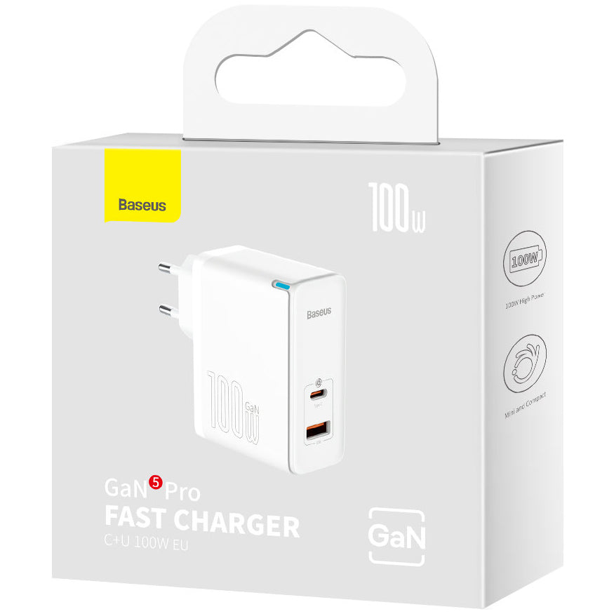 Incarcator Retea cu Cablu USB-C Baseus GaN5 Pro, 100W, 3A, 1 x USB-A - 1 x USB-C, Alb CCGP090202