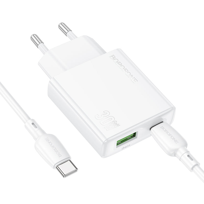 Incarcator Retea Cu Cablu USB-C Borofone BN25 Wish, 30W, 3A, 1 x USB-A - 1 x USB-C, Alb
