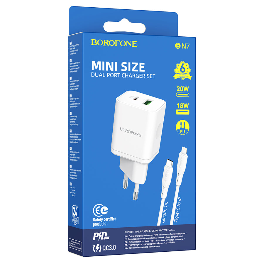 Incarcator Retea Cu Cablu Lightning Borofone BN7, 20W, 3A, 1 x USB-A - 1 x USB-C, Alb