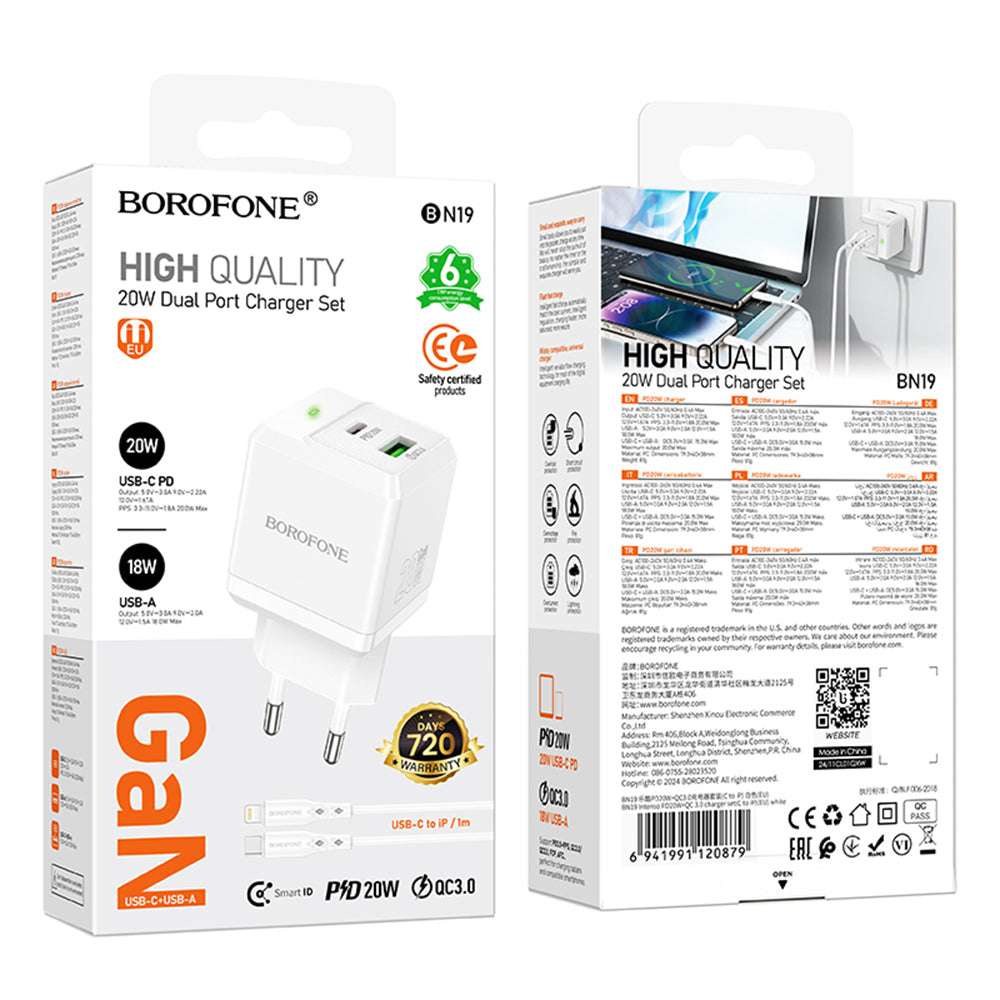 Incarcator Retea Cu Cablu Lightning Borofone BN19 Intenso, 20W, 3A, 1 x USB-A - 1 x USB-C, Alb