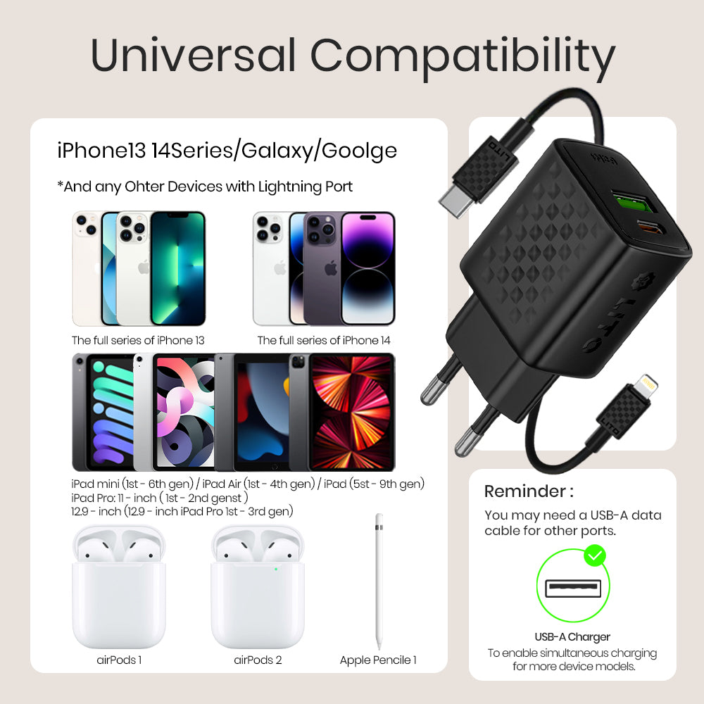 Incarcator Retea Cu Cablu Lightning Lito LC15L, 20W, 3A, 1 x USB-A - 1 x USB-C, Negru