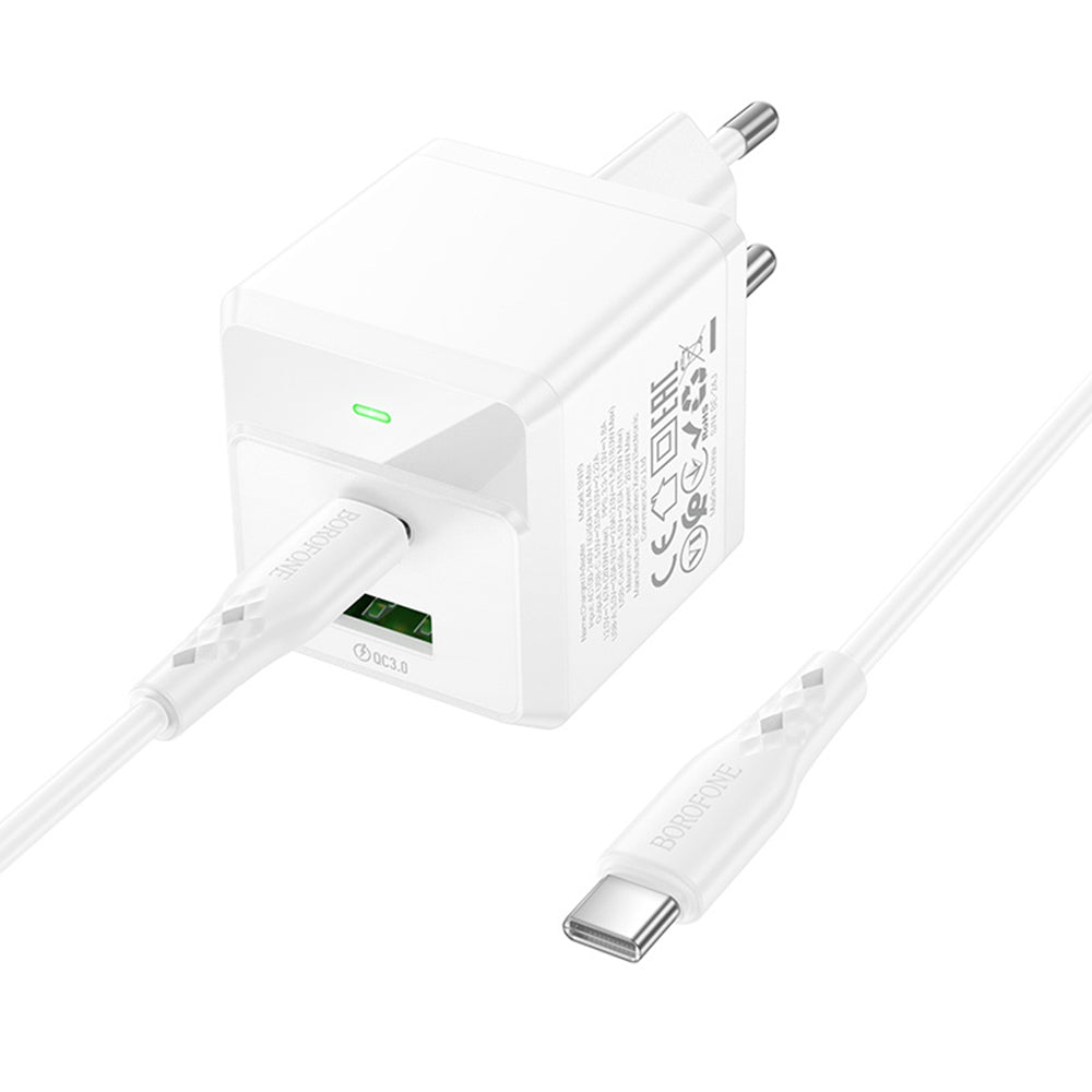 Incarcator Retea Cu Cablu USB-C Borofone BN19 Intenso, 20W, 3A, 1 x USB-A - 1 x USB-C, Alb