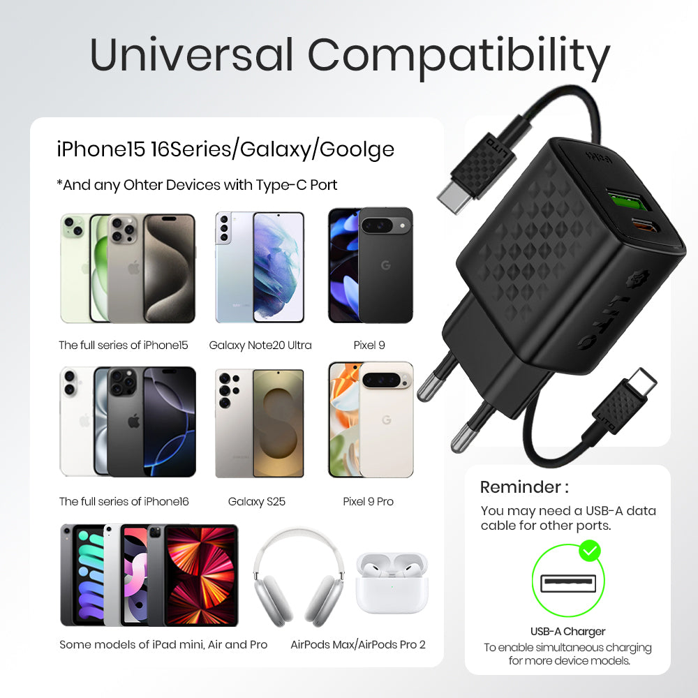 Incarcator Retea Cu Cablu USB-C Lito LC15T, 20W, 3A, 1 x USB-A - 1 x USB-C, Negru