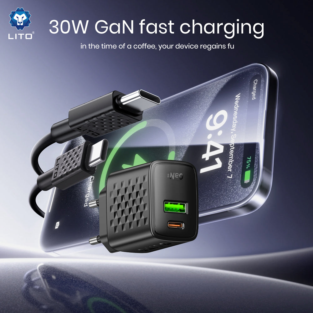 Incarcator Retea Cu Cablu USB-C Lito LC19T, 30W, 3A, 1 x USB-A - 1 x USB-C, Negru