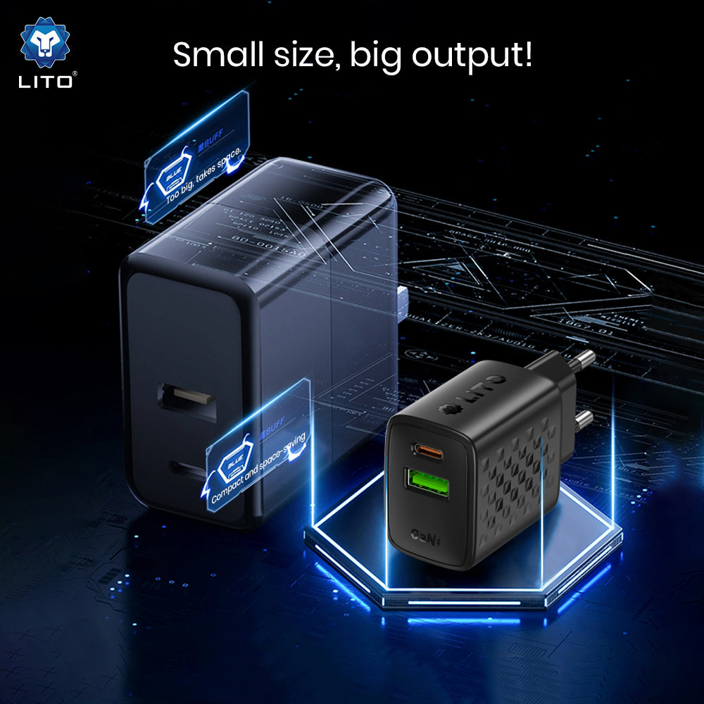 Incarcator Retea Cu Cablu USB-C Lito LC24T, 65W, 3.25A, 1 x USB-A - 1 x USB-C, Negru