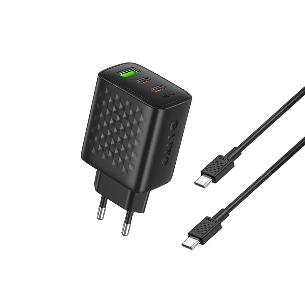 Incarcator Retea Cu Cablu USB-C Lito LC25T, 65W, 3.25A, 1 x USB-A - 2 x USB-C, Negru