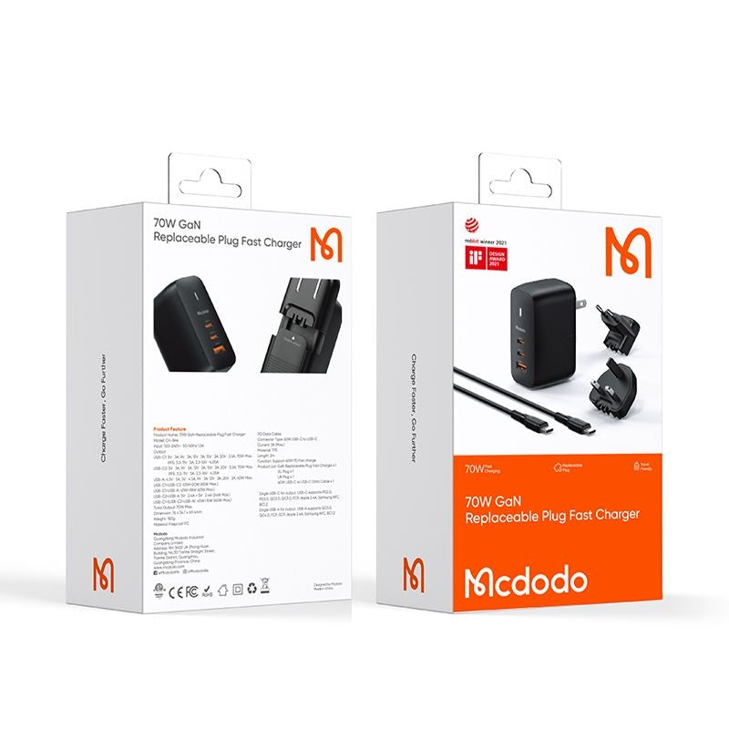 Incarcator Retea Cu Cablu USB-C McDodo CH-8442 Mecha Travel, 65W, 5A, 1 x USB-A - 2 x USB-C, Negru