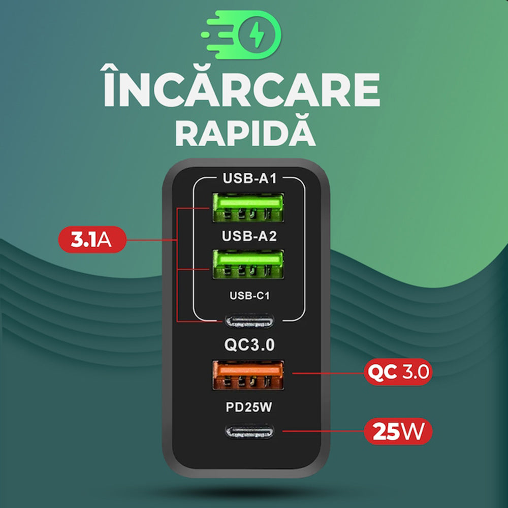 Incarcator Retea Cu Cablu USB-C Techsuit CHC1 PentaXPower, 25W, 3A, 3 x USB-A - 2 x USB-C, Negru