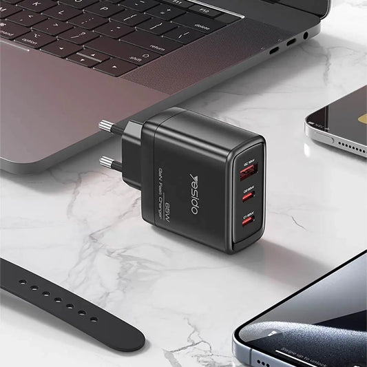 Incarcator Retea Cu Cablu USB-C Yesido YC144C, 65W, 3.25A, 1 x USB-A - 2 x USB-C, Negru