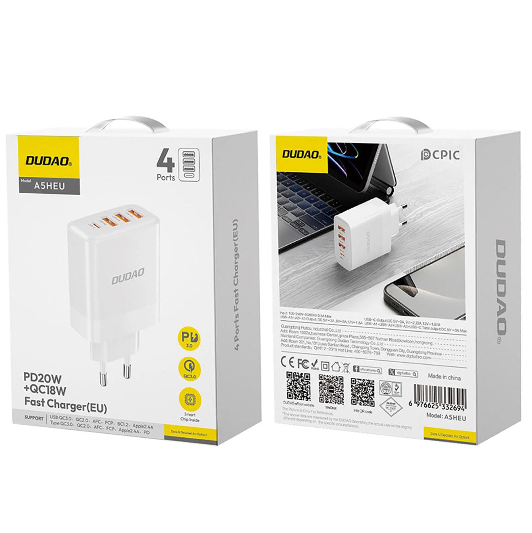 Incarcator Retea Dudao A5HEU, 20W, 3A, 1 x USB-C - 3 x USB-A, Alb