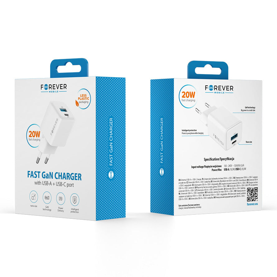 Incarcator Retea Forever TC-08-20AC, 20W, 3A, 1 x USB-A - 1 x USB-C, Alb