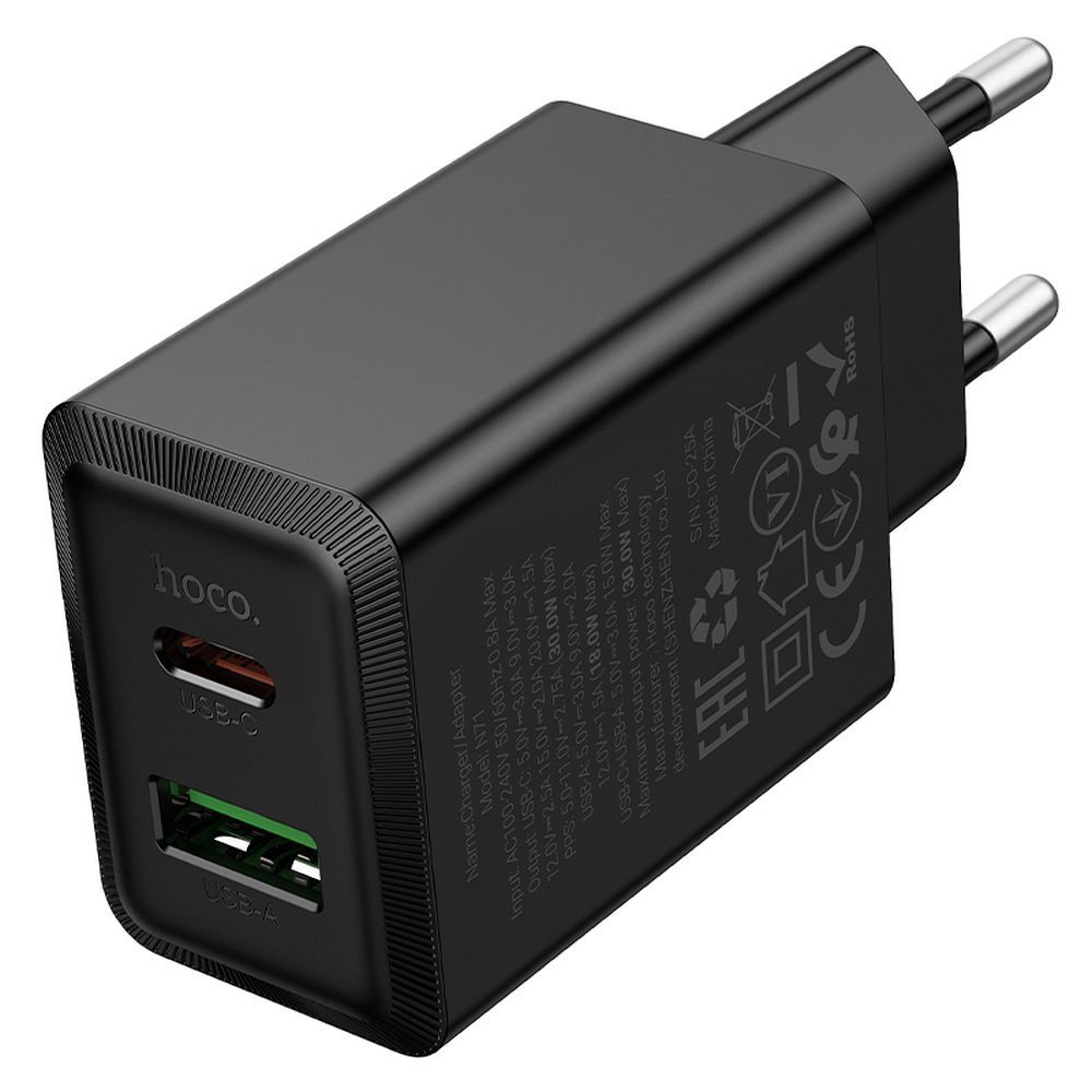 Incarcator Retea HOCO N71, 30W, 3A, 1 x USB-A - 1 x USB-C, Negru
