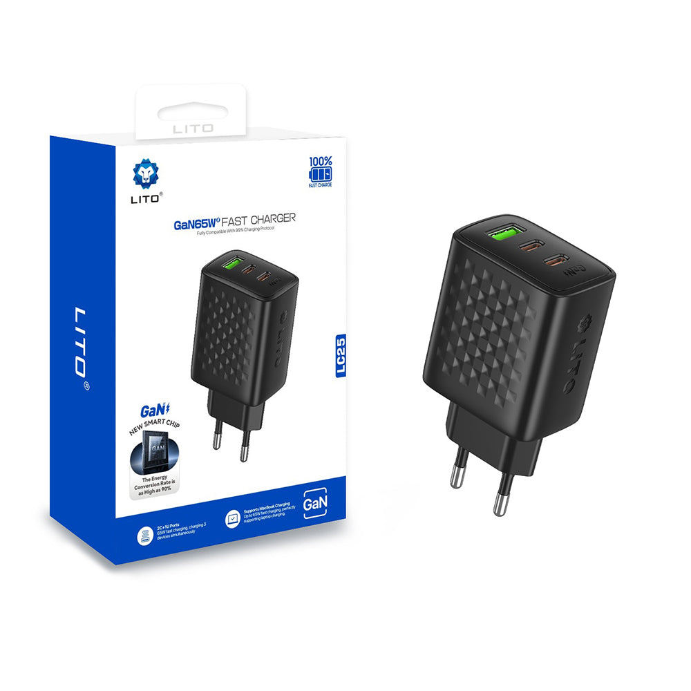 Incarcator Retea Lito LC25, 65W, 3.25A, 1 x USB-A - 2 x USB-C, Negru