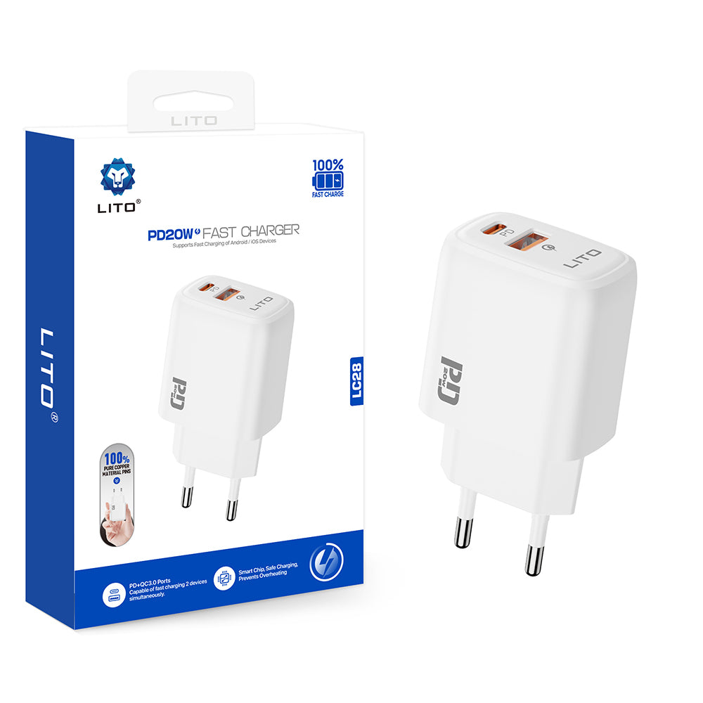 Incarcator Retea Lito LC28, 20W, 3A, 1 x USB-A - 1 x USB-C, Alb