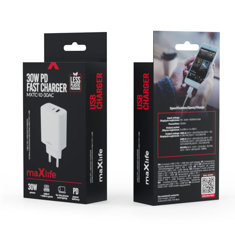 Incarcator Retea MaXlife MXTC-10-30AC, 30W, 3A, 1 x USB-A - 1 x USB-C, Alb