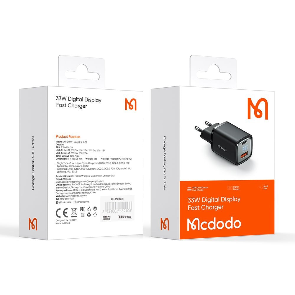 Incarcator Retea McDodo CH-1701 Graphite Display, 33W, 3A, 1 x USB-A - 1 x USB-C, Negru